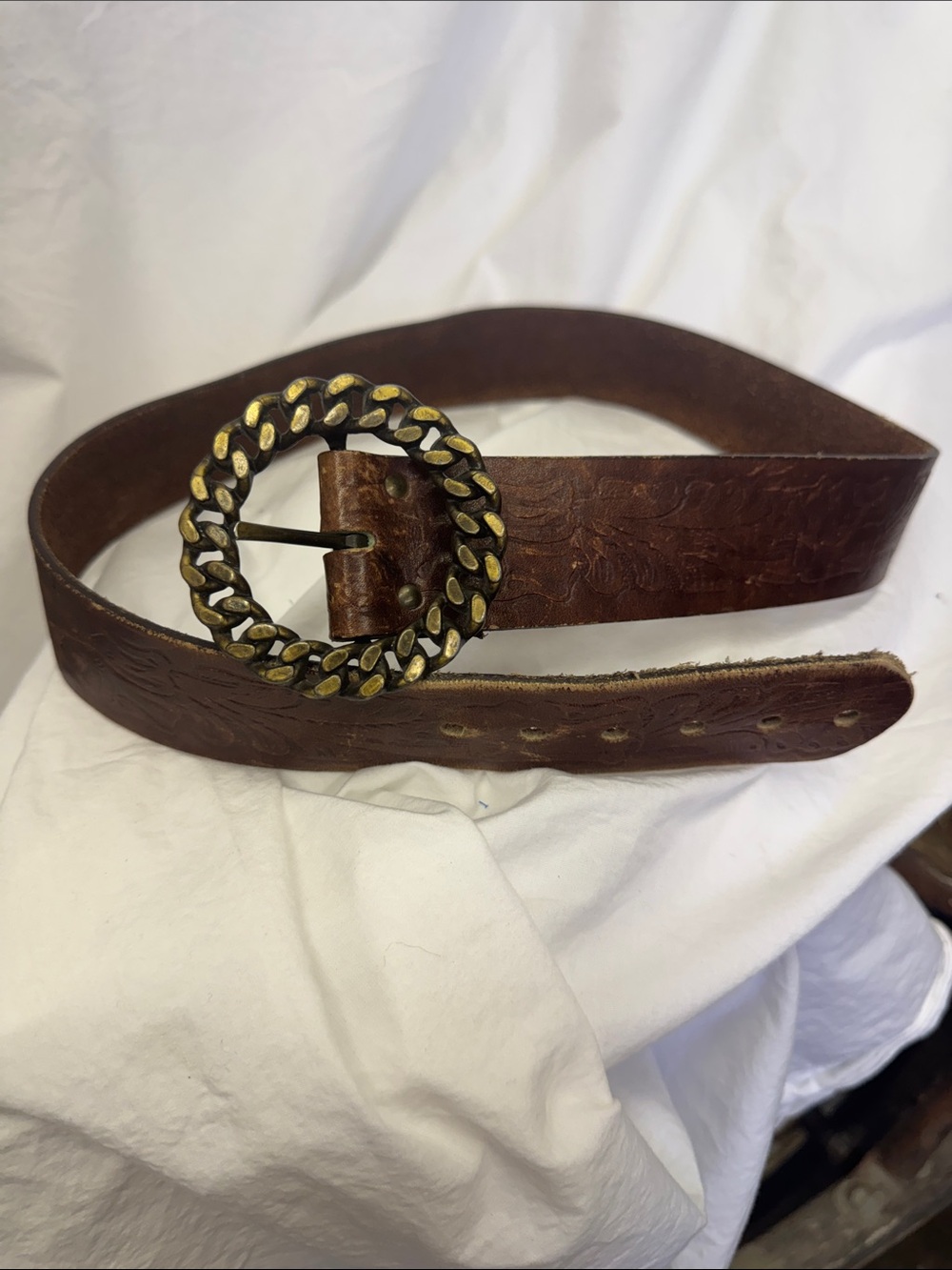 Brown Leather Belt with Antique Brass Chain-Link Buckle